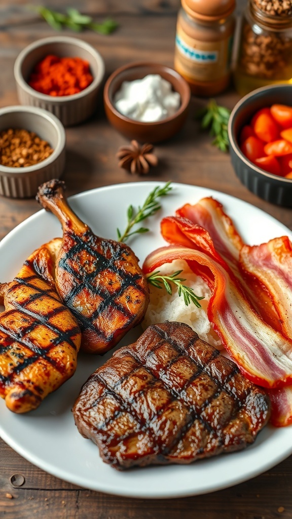 A selection of quick carnivore meals including grilled chicken, steak, and bacon on a rustic plate.